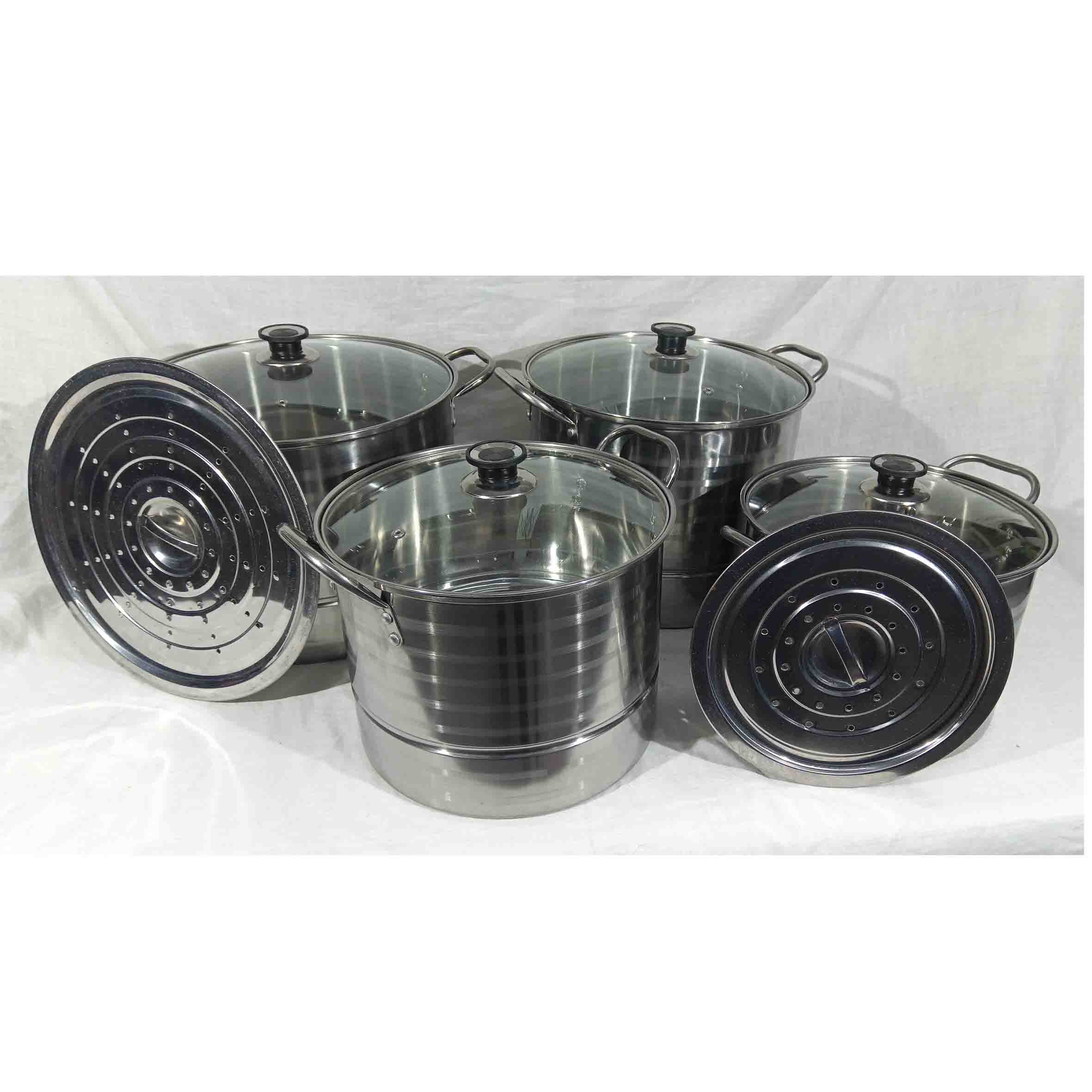 Juego 4 olla vaporera acero inoxidable tapa de vidrio